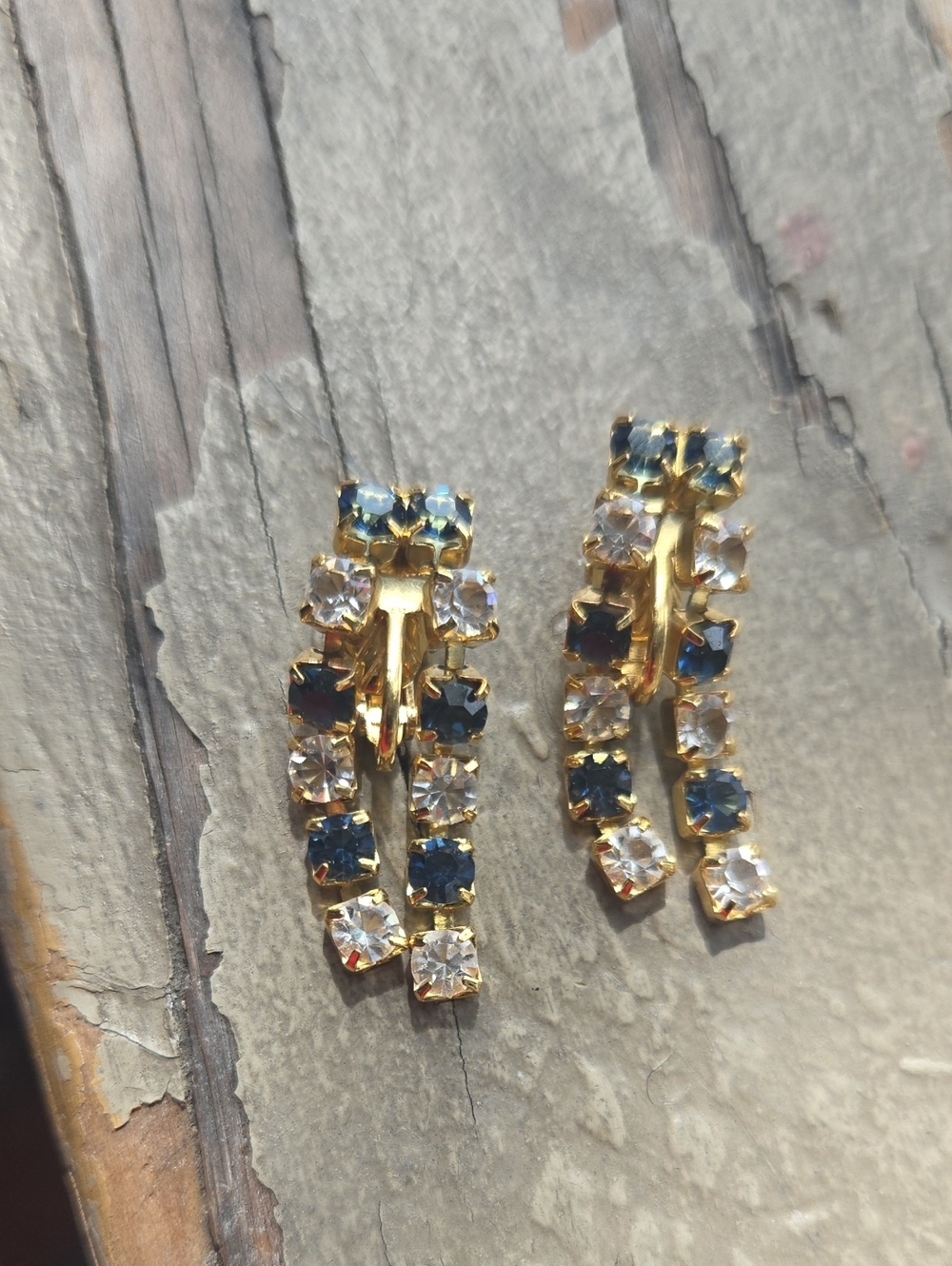 Vintage Signed TRIFARI™ Blue & CleGold-Tone Blue and Clear Crystal Drop Earrings